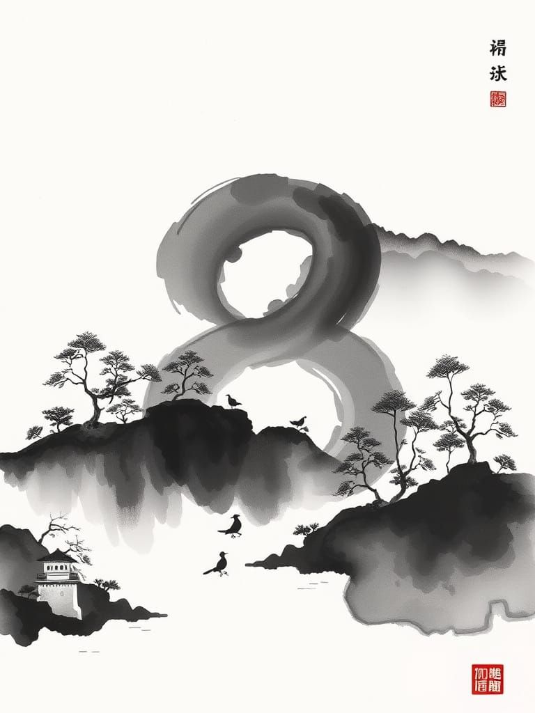 Elegant Chinese Landscape in the Form of the Lucky Eight