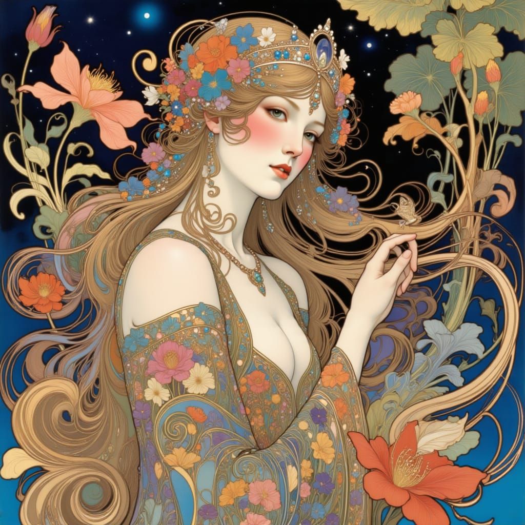 Klimt Style Fairy Amidst Tropical Flowers in Seascape