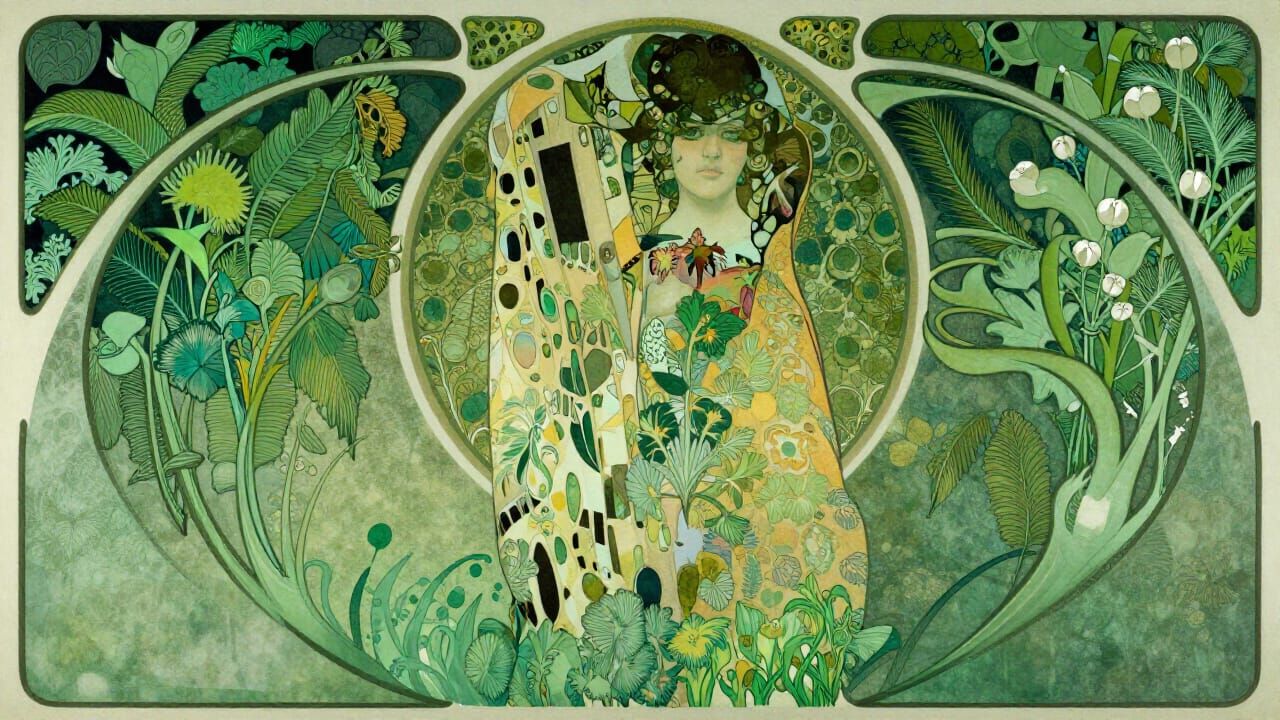 Art Nouveau Botanical Scene in Dominant Green Hues
