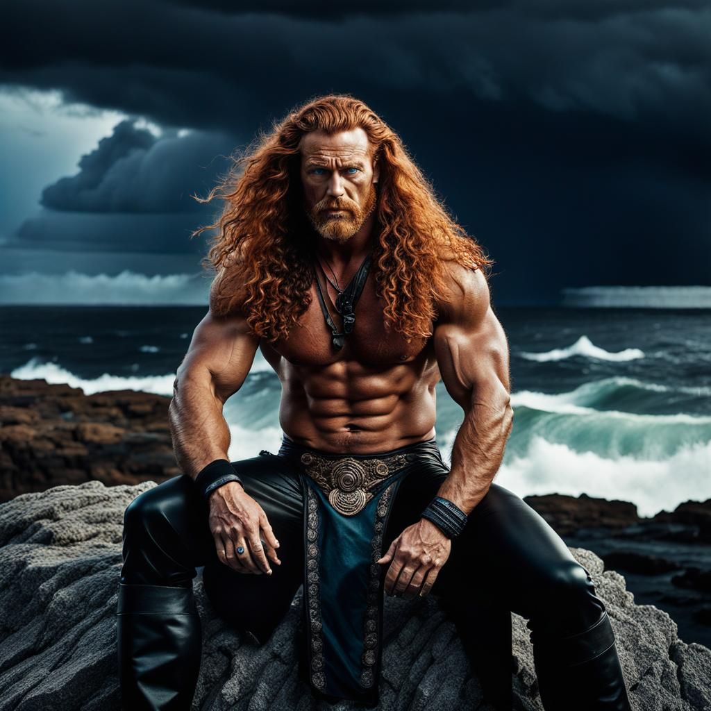 Dramatic Seascape Portrait of Ginger Man on Rock