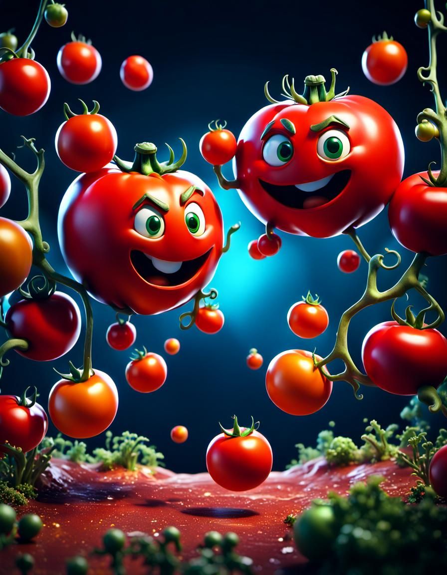 Cartoon Tomatoes Chatting: Detailed Matte Painting