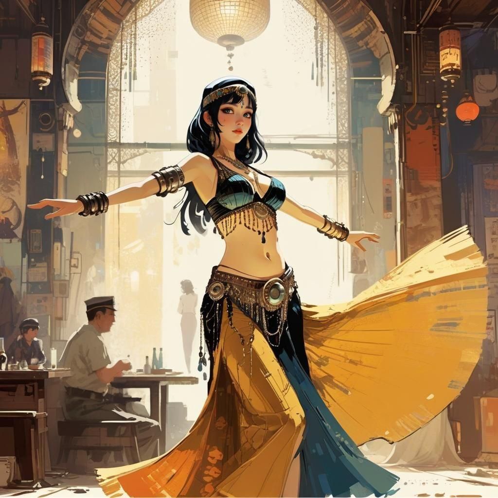 Dieselpunk Belly Dancer in Anime Style Portrait