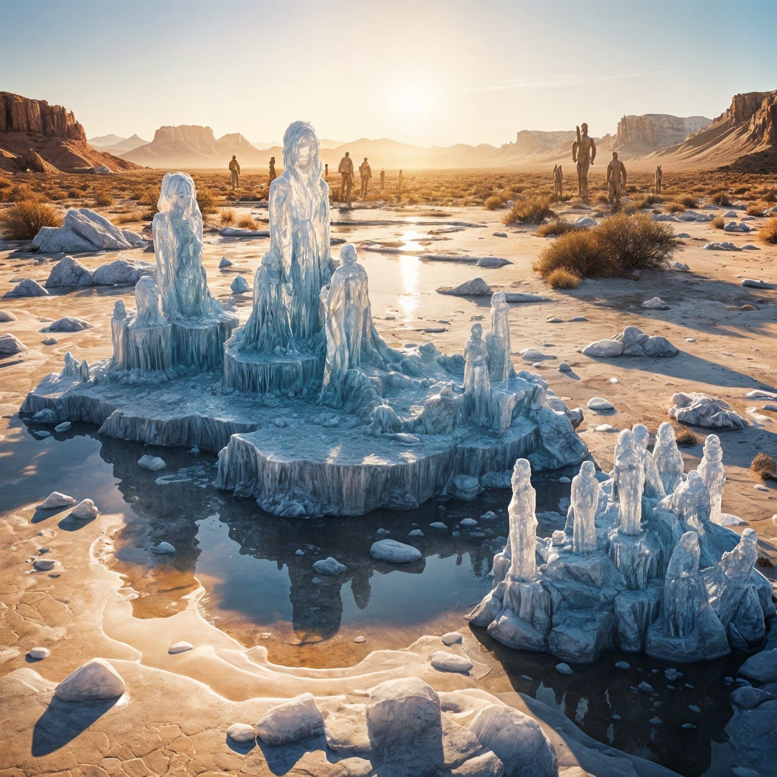 Melting Ice Statues in Desert Landscape