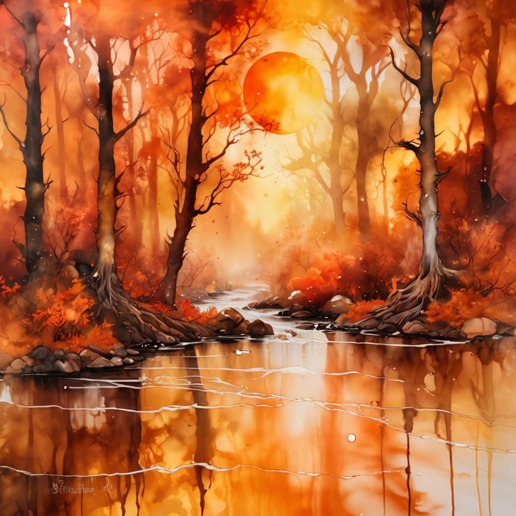 Autumn forest, alcohol ink
