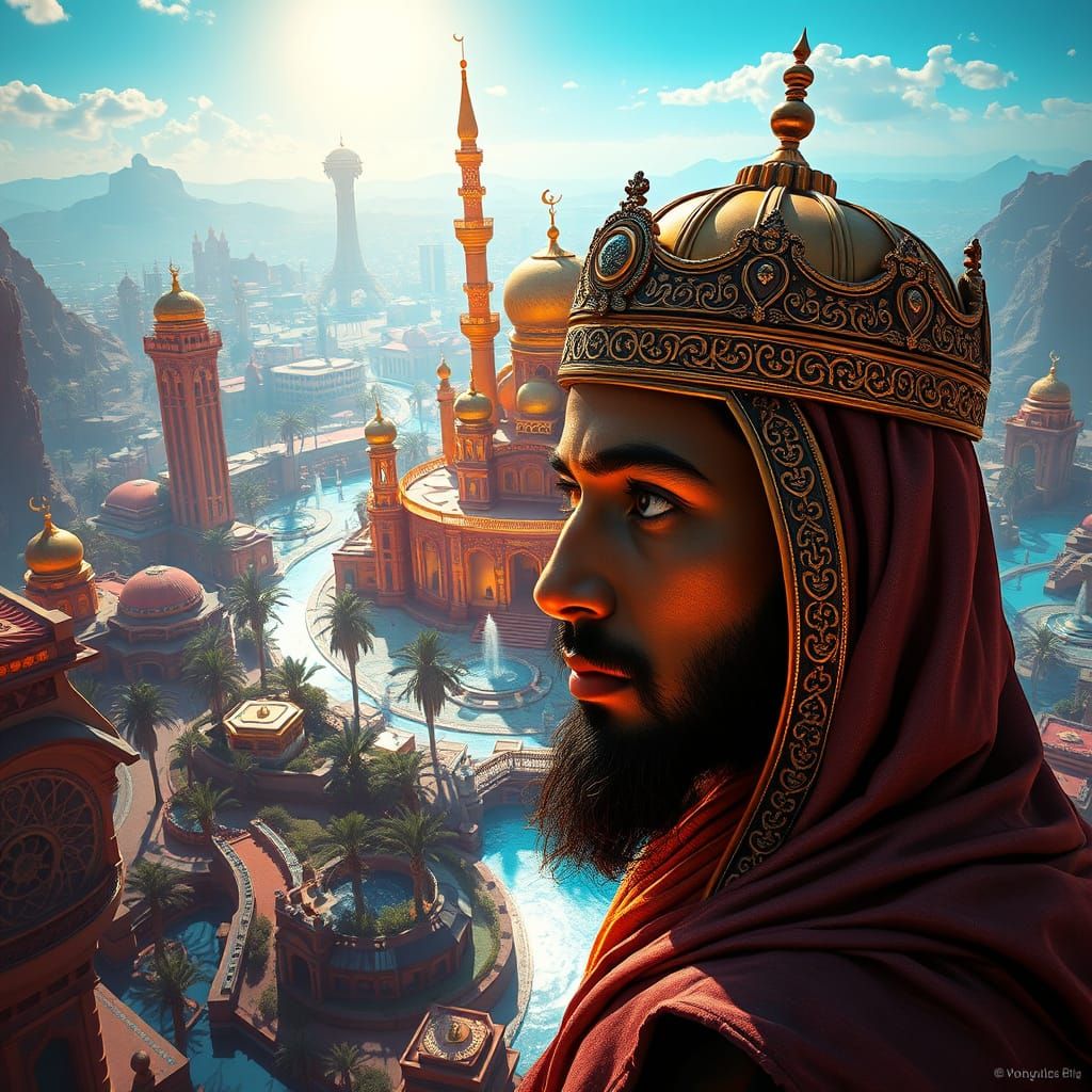 Majestic Agrabah Cityscape in Cyberpunk Style