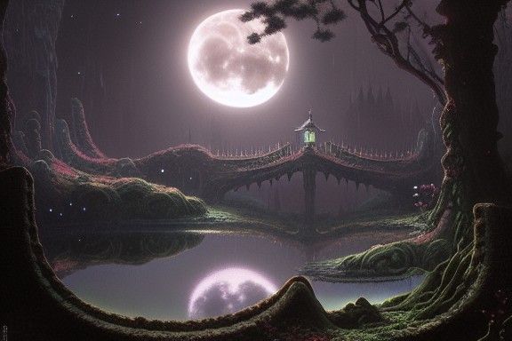 Crimson Moon Over Dark Gothic Garden Vista