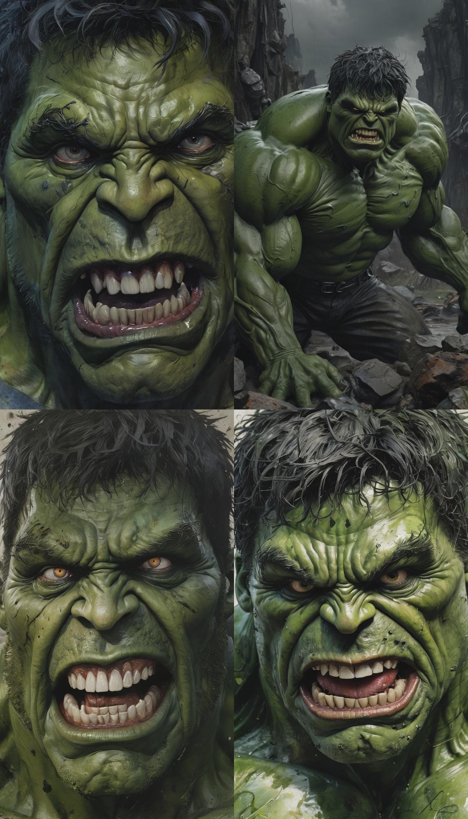 "The Hulk poisoned; Extreme (hallucinations:1.3). 
(Violent:1.5) snarl, frenzied,evil." Marvel Comics Horror themed, fin...