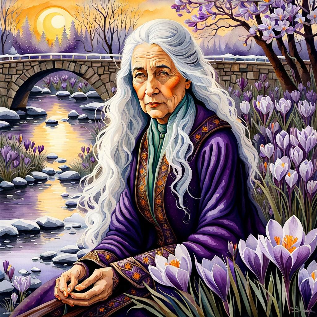 Magical Crocus Lady on Snowy Bridge in Watercolor