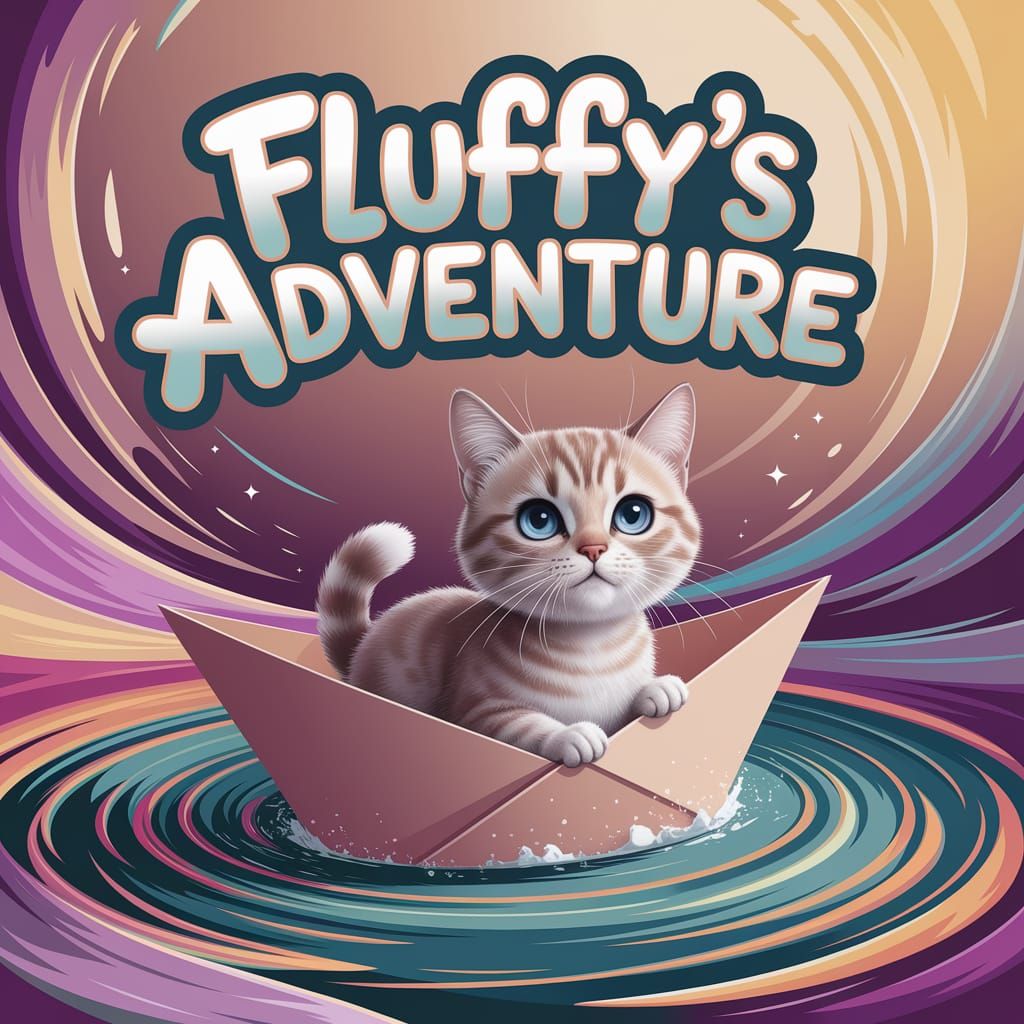 In a swirling river of spilled paint, a paper boat sails gracefully, carrying a charming short-haired beige cat with ice...