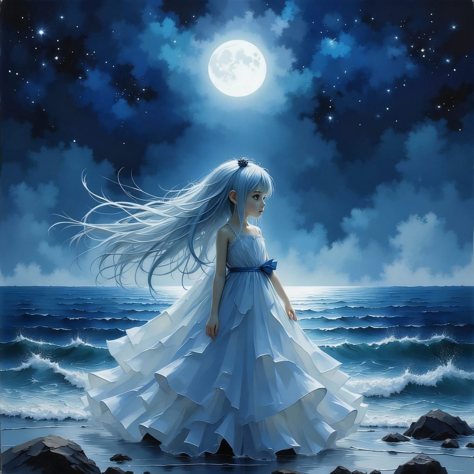 Anime Princess on Misty Shore Under Nebula Sky