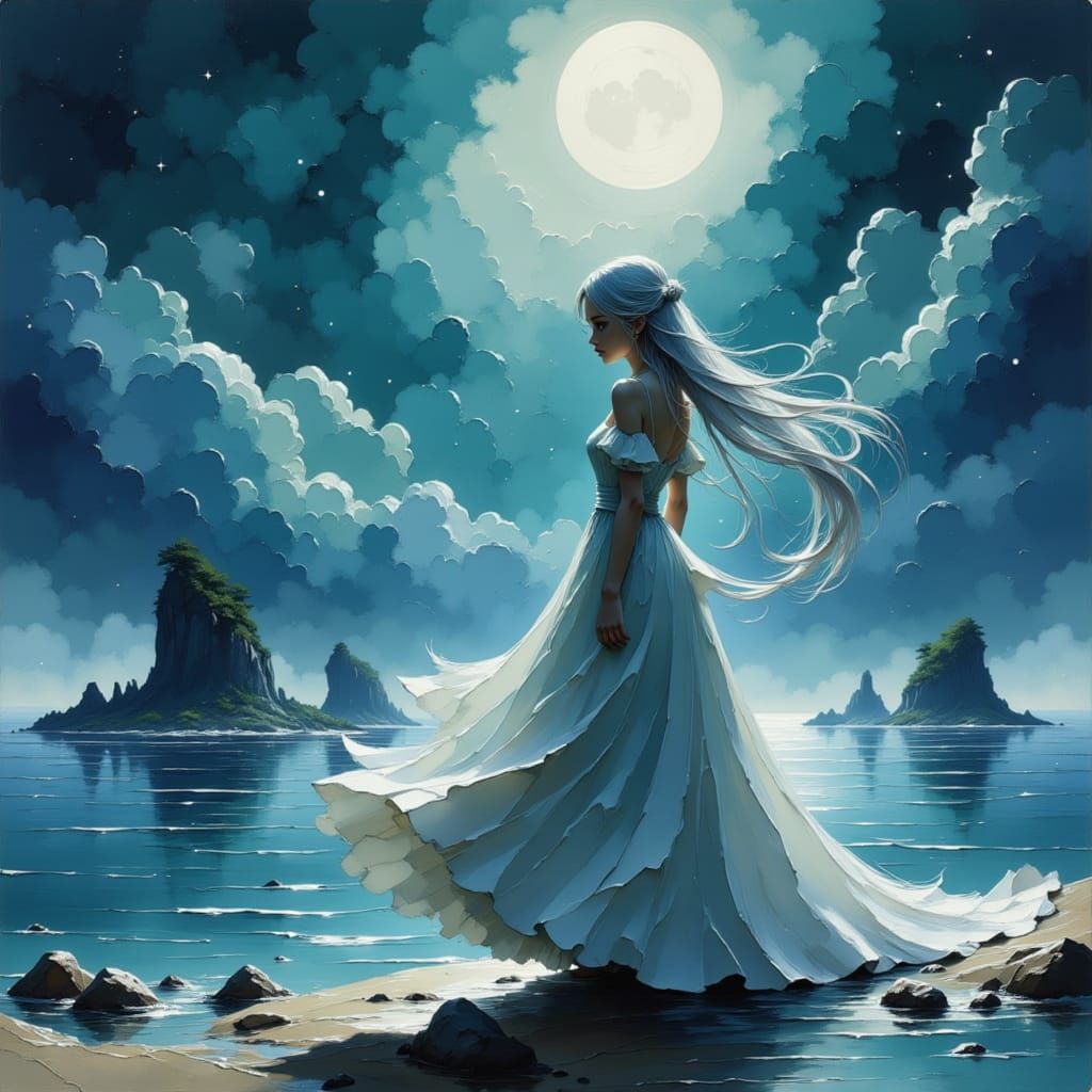 Anime Princess on Misty Moonlit Shore