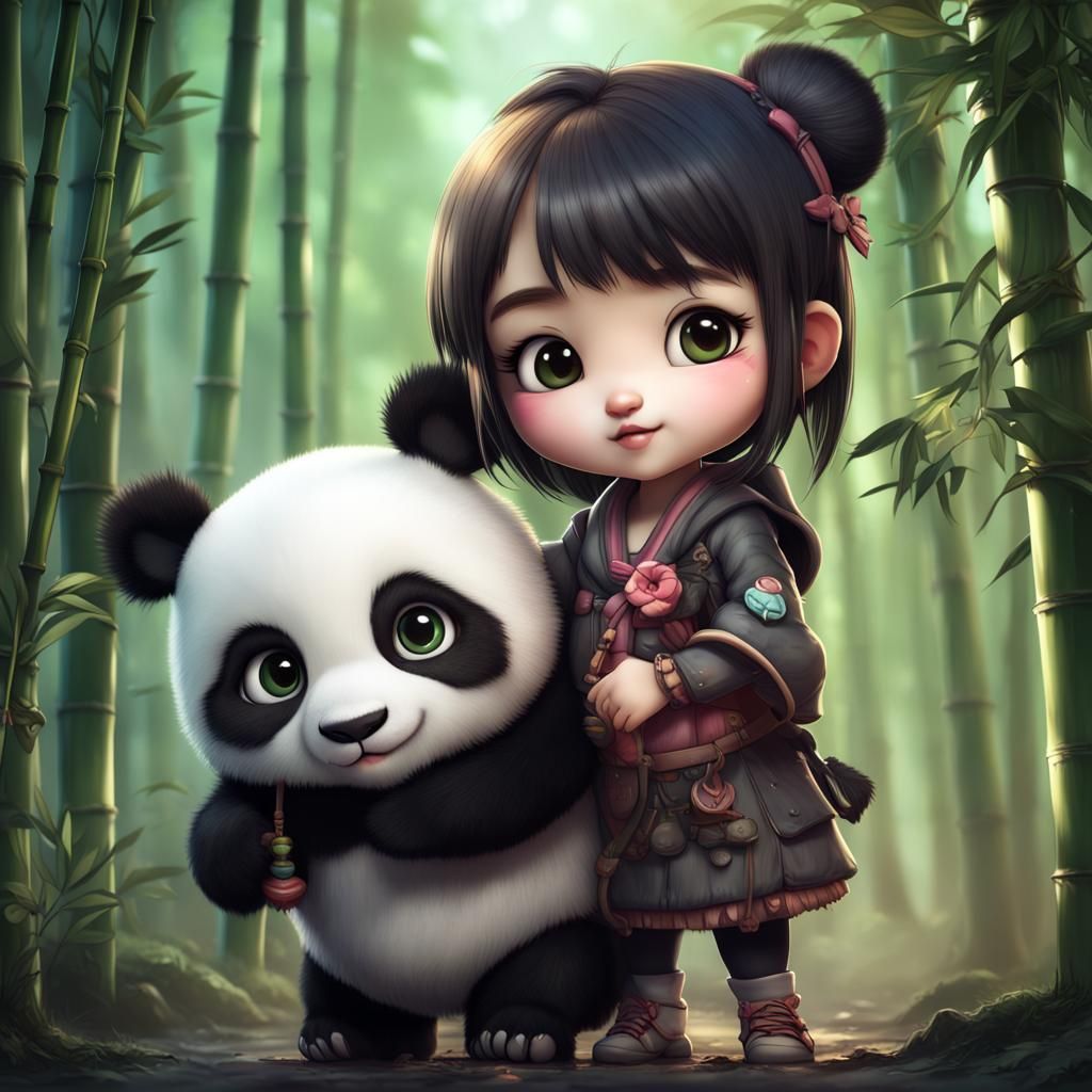 Cute Chibi Panda Girl with Bamboo, Detailed Matte Painting