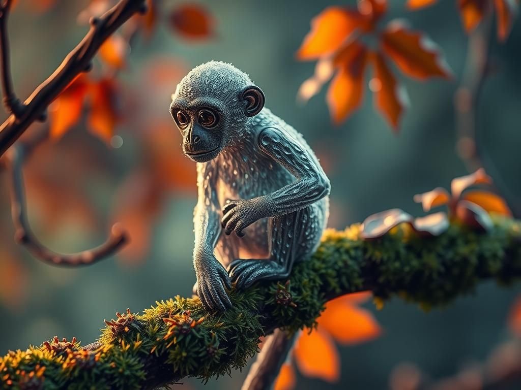 Glass Monkey Perched in Jungle Sunset Light