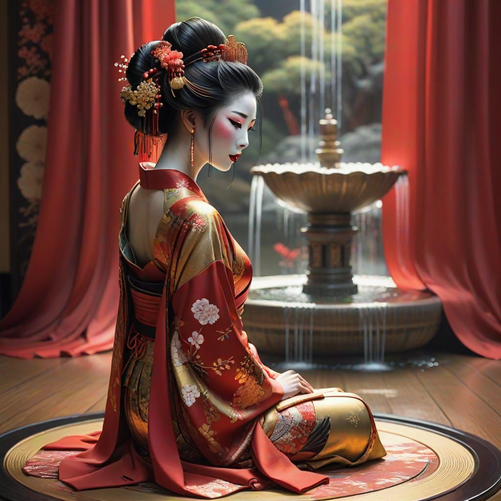 Futuristic Geisha with Floral Circuitry in Golds and Reds