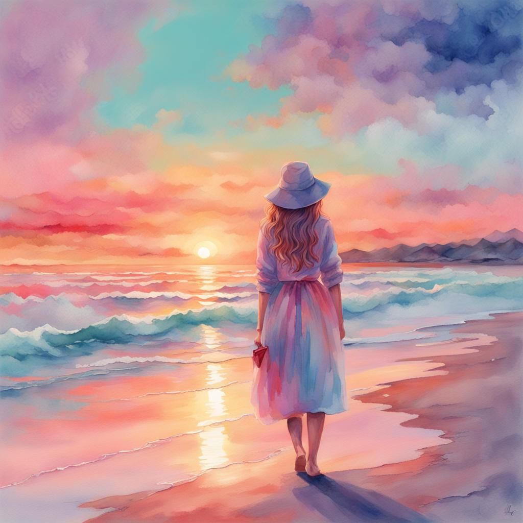 Watercolors of girl see a sunset on the beach