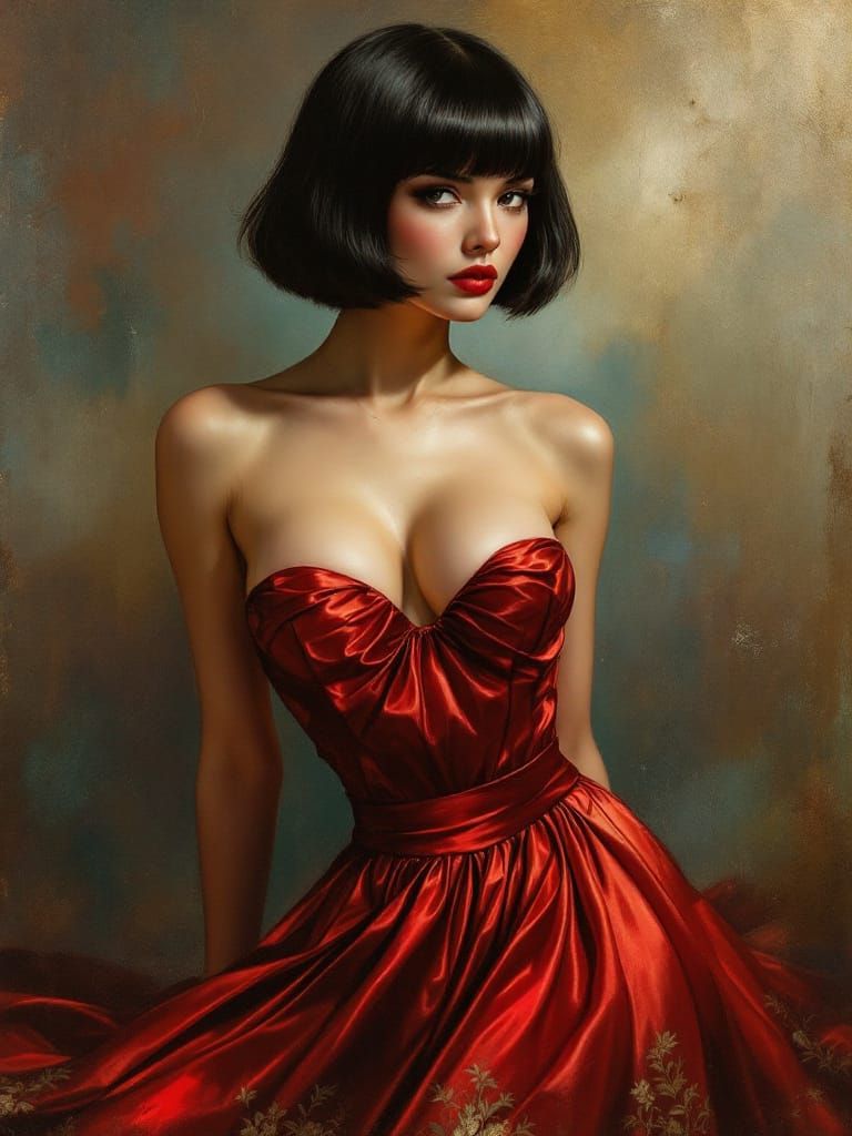 Pin-Up Woman in Metallic Red Dress with Direct Gaze