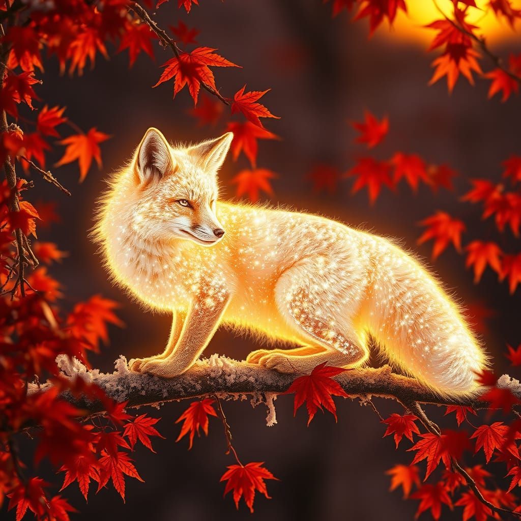 Astral Fox of Light in Autumn Maple Tree at Sunset
