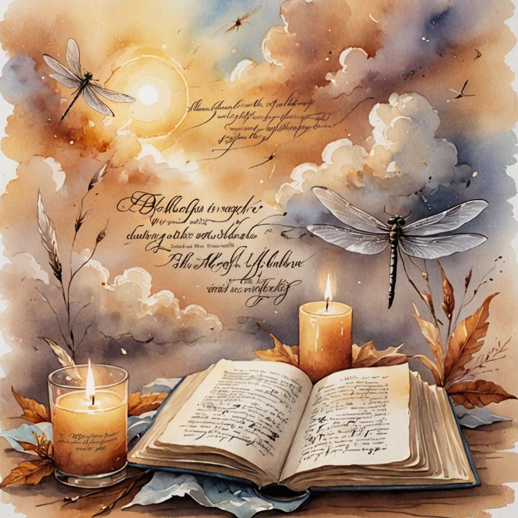 Calligraphy Book with Dragonfly in Watercolor Style