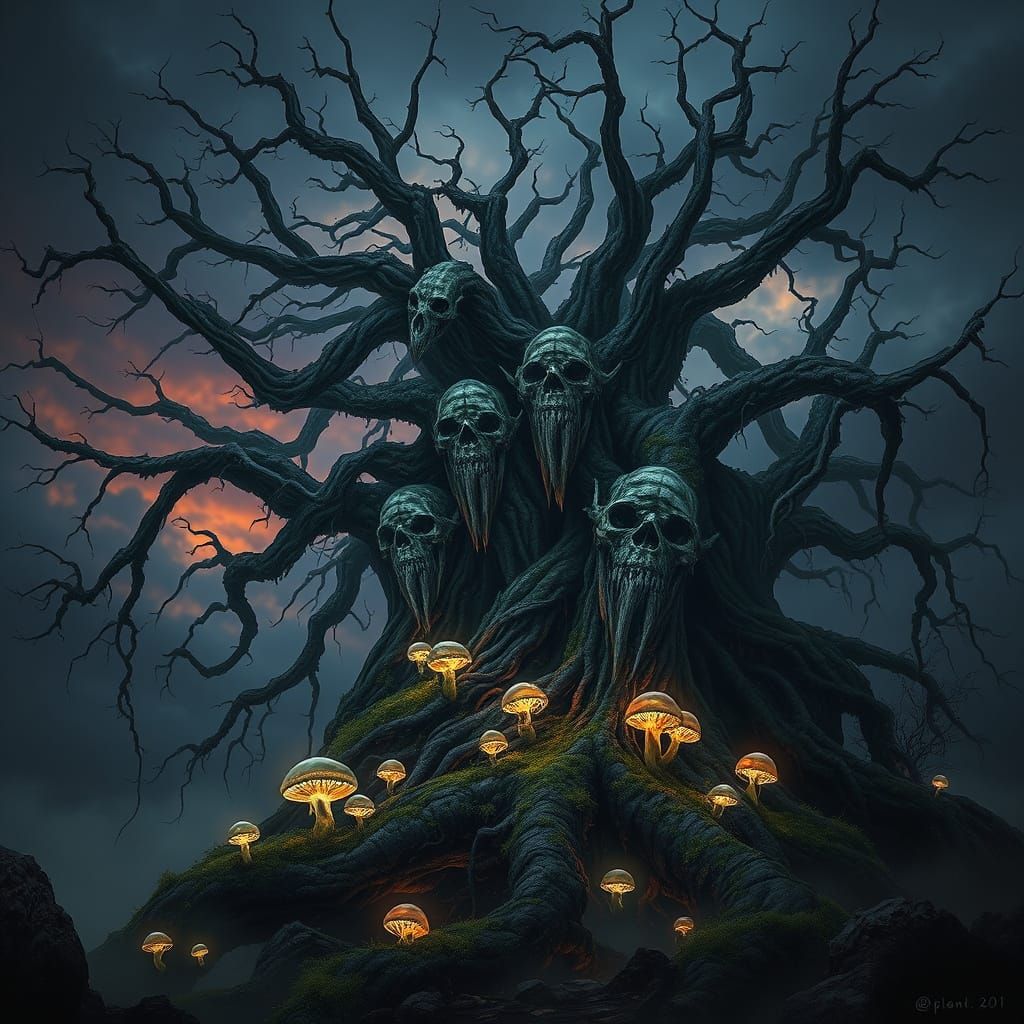 Ancient Tree with Spectral Fungi in Twilight