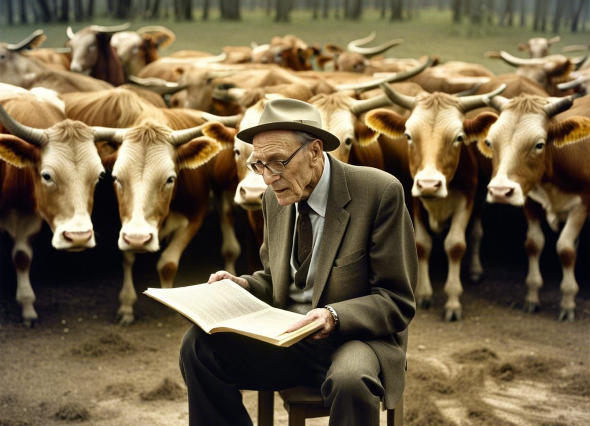 Burroughs Reads to Cows: Hyperrealistic Cinematic Image