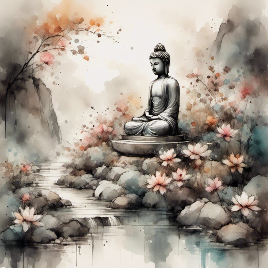 Buddha in Zen Garden with Charcoal Inks