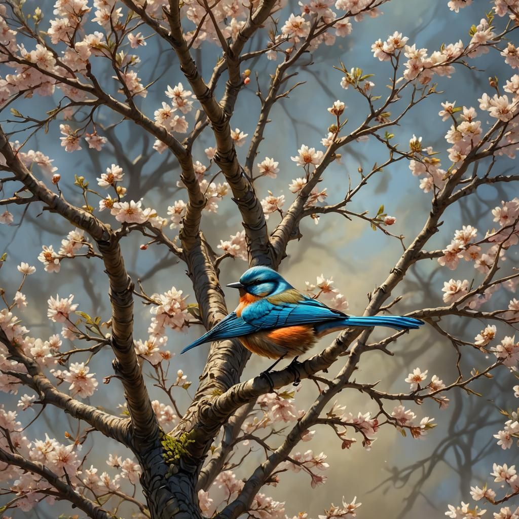 Spring Tree Bird with Volumetric Lighting