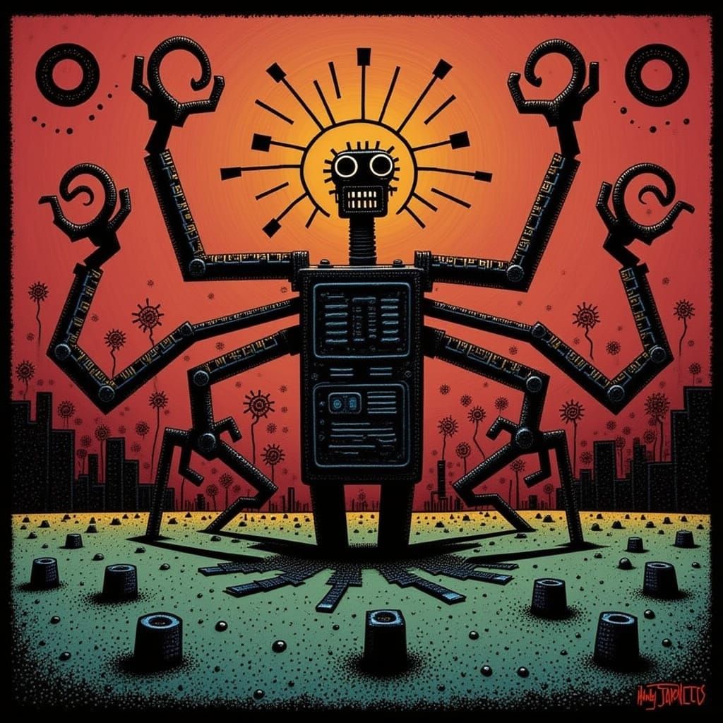 Cyberpunk Claymation Robot in Dark Post-Apocalyptic Landscap...