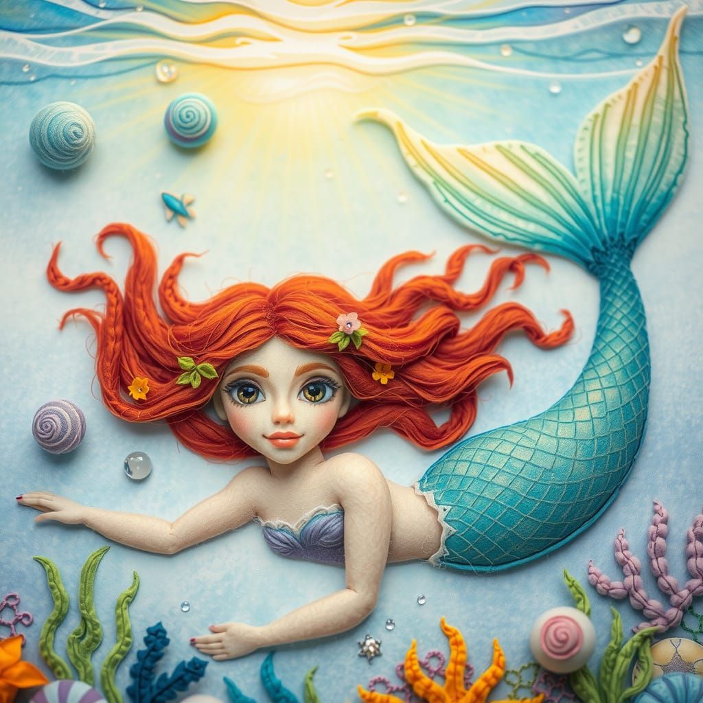 Felt Mermaid with Red Curls in Naive Art Style
