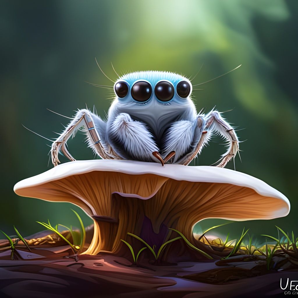 Adorable Jumping Spider on Mushroom, Detailed Matte Painting