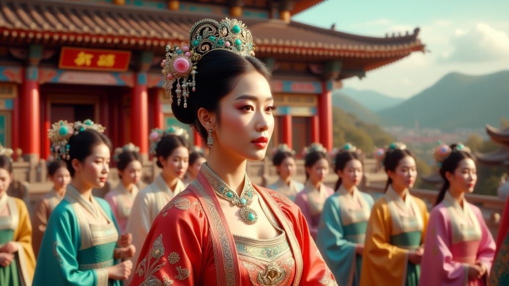 Chinese Princess in Silk Robes Before Palace