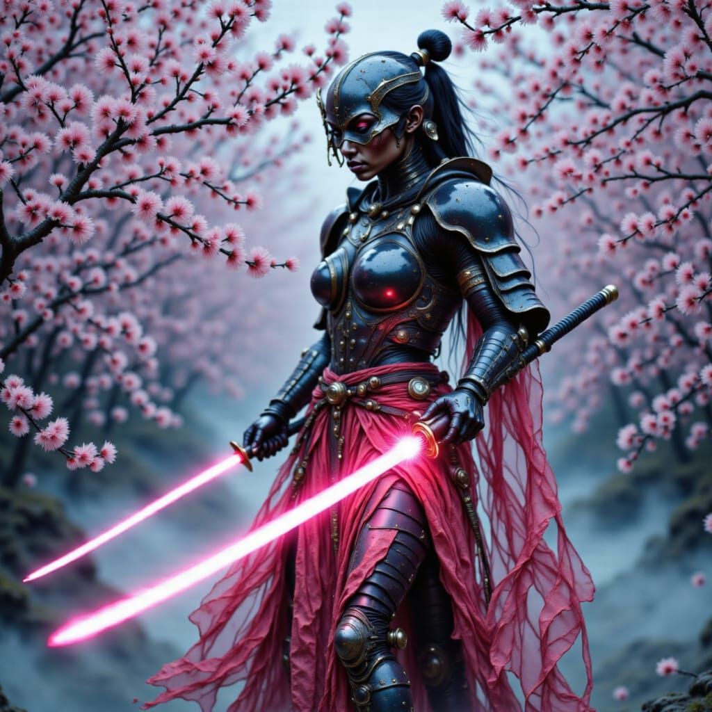 Futuristic Female Samurai in Cybernetic Armor