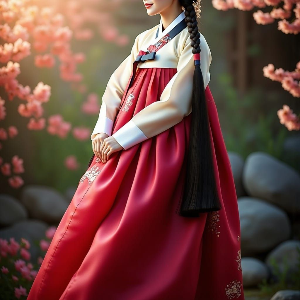 Surreal Korean Princess in Traditional Hanbok Attire in a Bl...