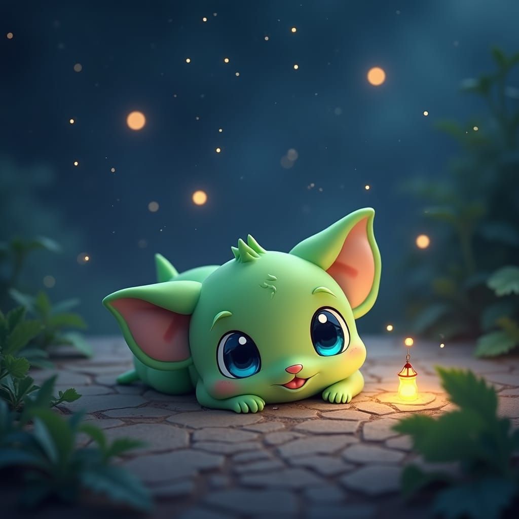 Adorable Chibi Animal in a Mystical Night Scene