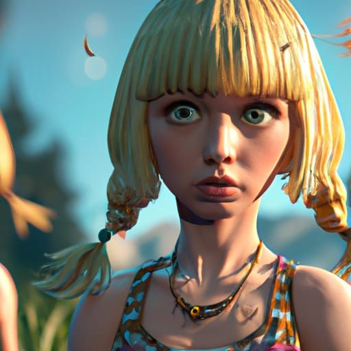 Blonde Girl with Pigtails in 3D Game Style