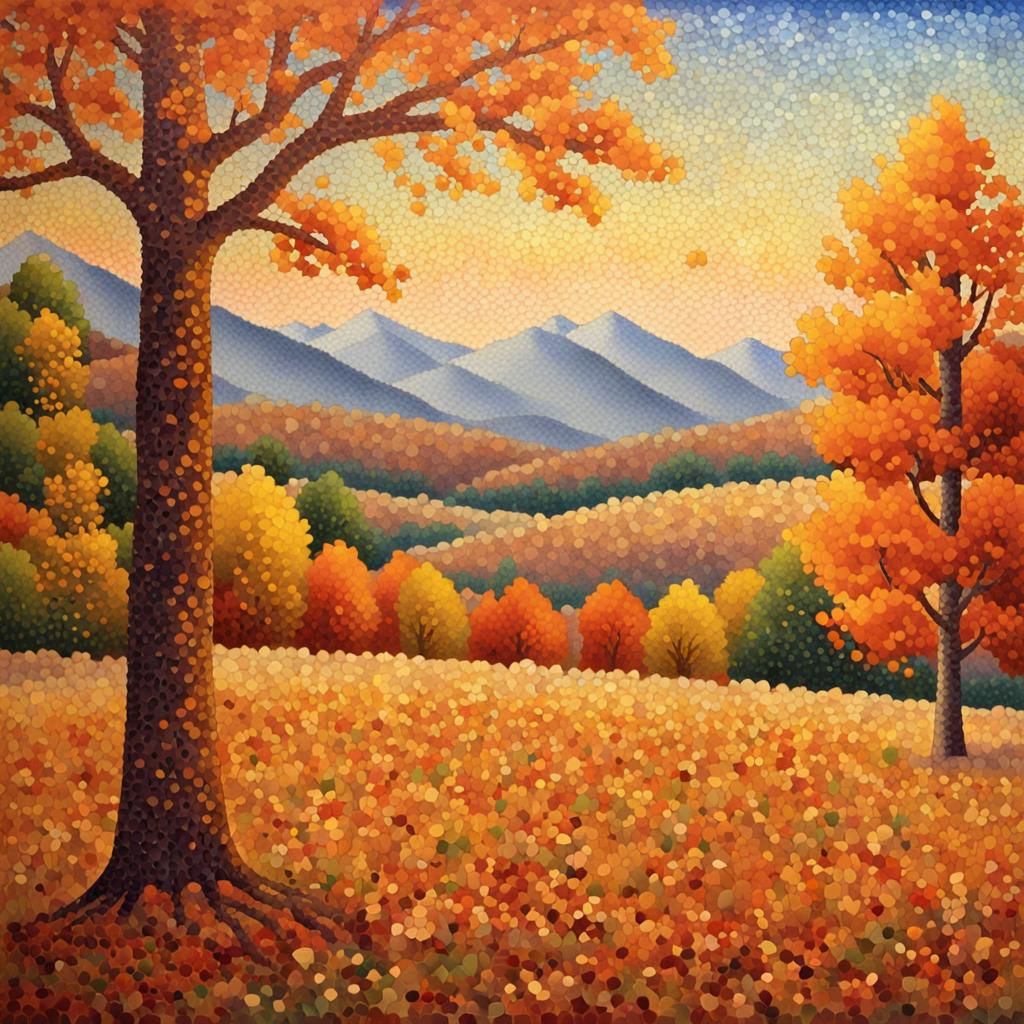 Pointillist Fall Meadow Landscape in Golden Light