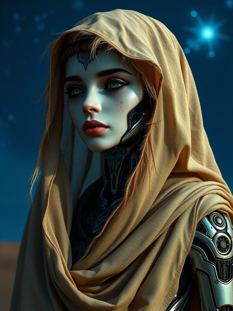 Cyborg Bedouin with Regal, Aged Design in Starlit Desert Sky