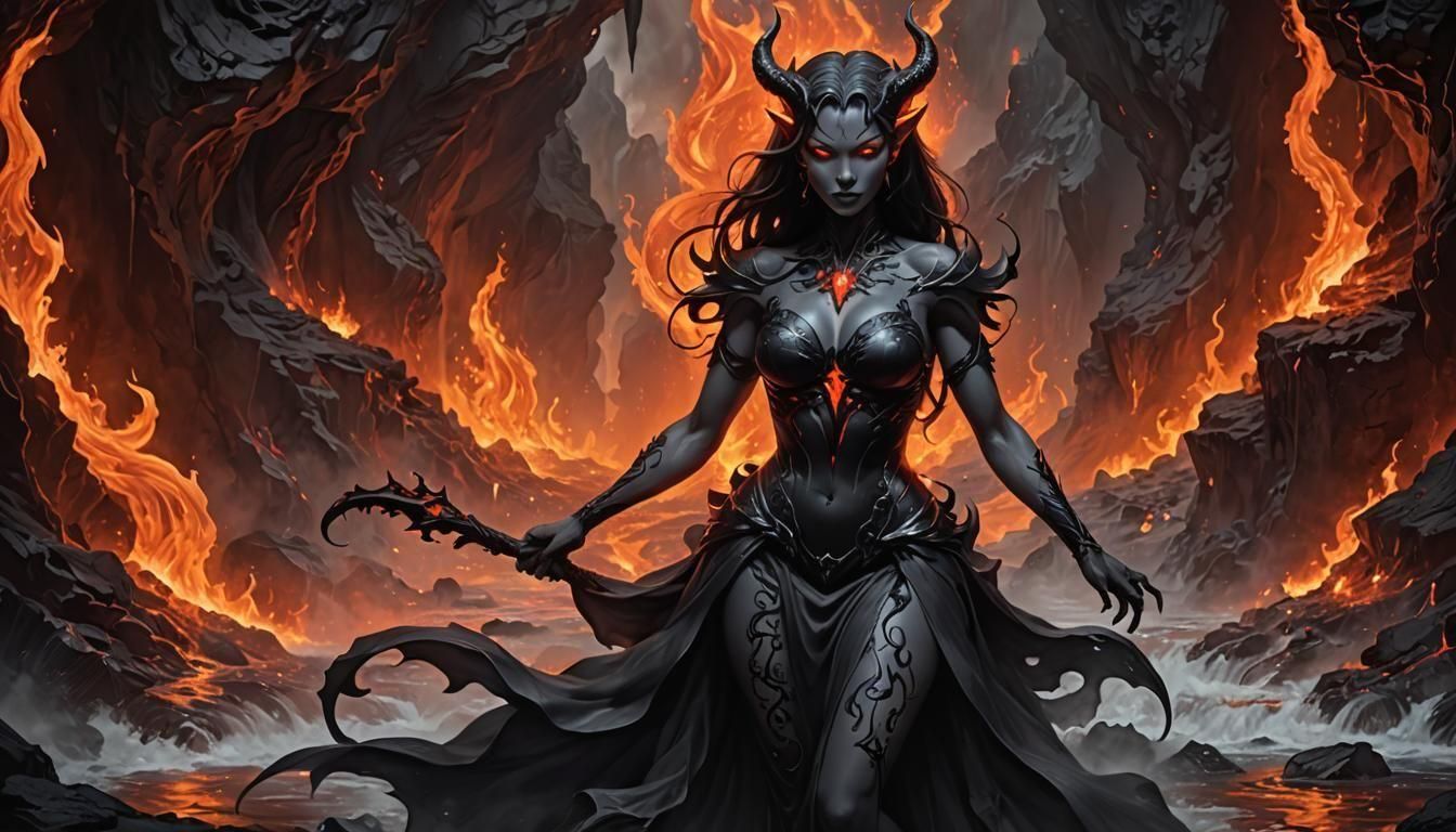 Eerie Devil Babe in Abstract Vector Fractal Underworld