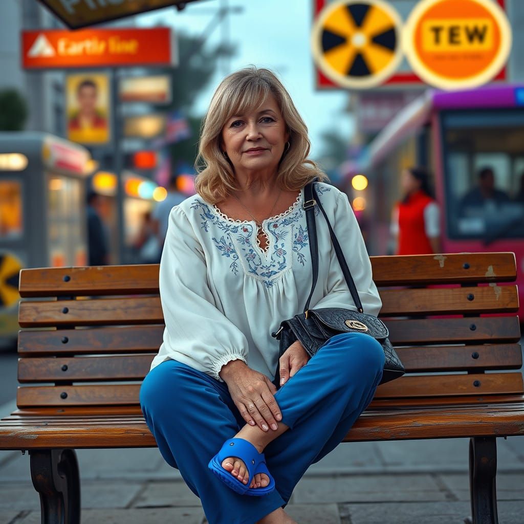 Woman in Embroidered Top at Bustling Bus Stop in Whimsical F...