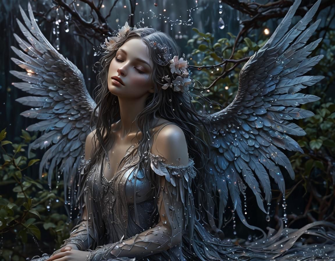 Detailed Angel with Iridescent Hair and Bioluminescent Flowe...