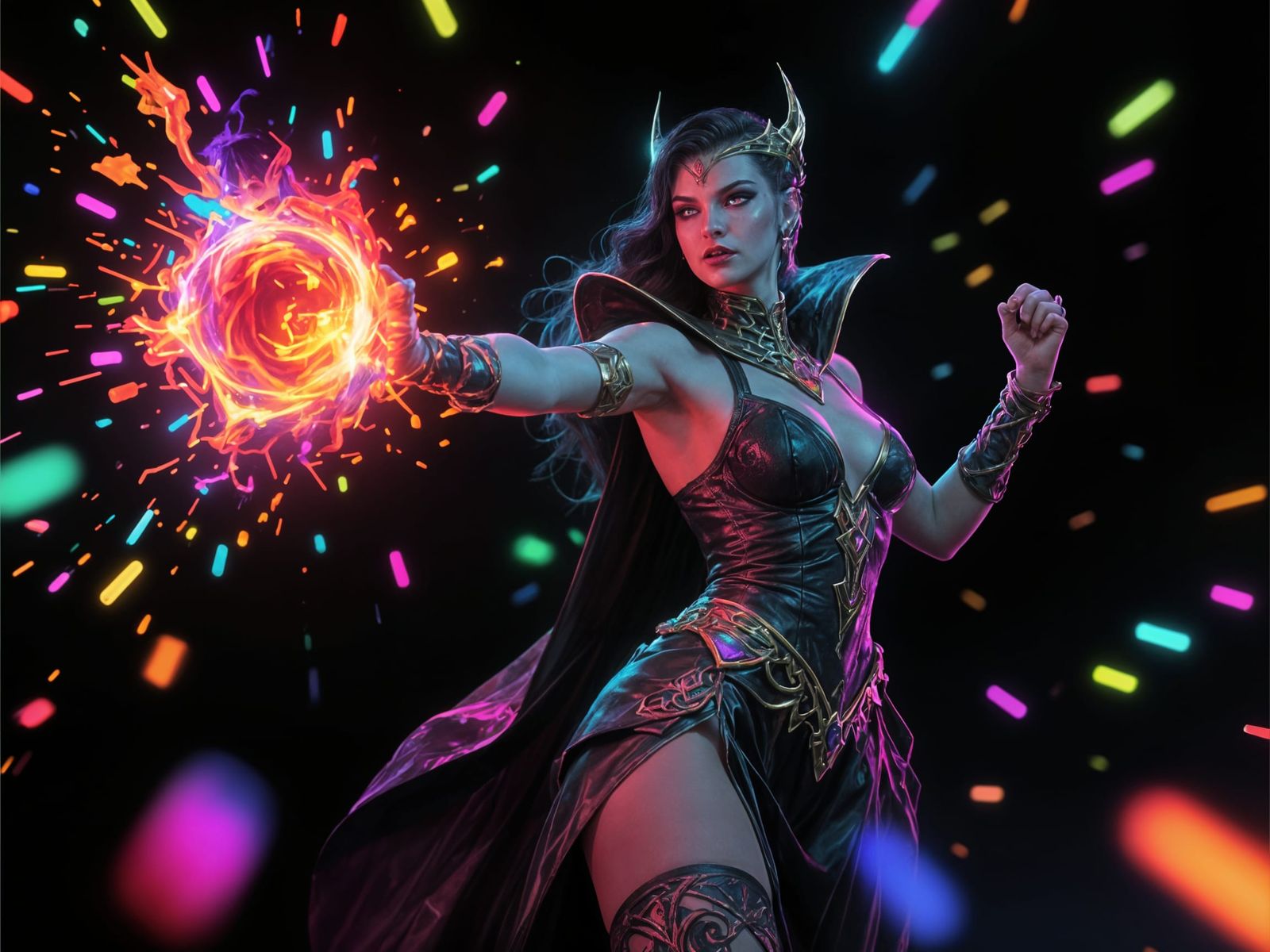 Glamorous Sorceress Unleashes Fiery Magic in Neon Light