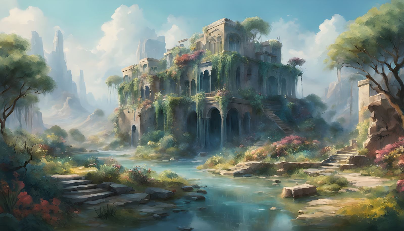 Surreal Desert Oasis in Hyperdetailed Fantasy Landscape