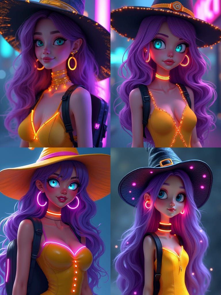 Futuristic Witch Caricature in Retro Cyberpunk Style