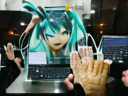 Hatsune Miku reaching hand to real life from computer screen