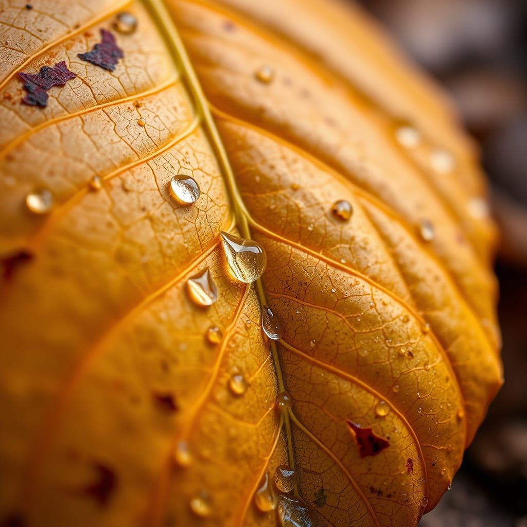 Macro Close-Up of Autumn Leaf with Dew Drops