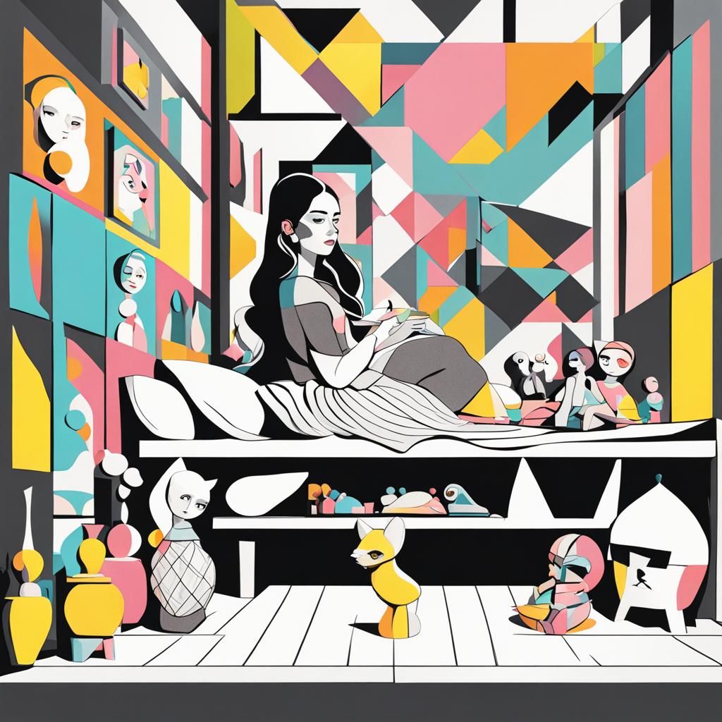 Arsthetics 70s a youth single stricking Bedroom with little girl playing with variety of beautiful dolls. Vibrant deep s...