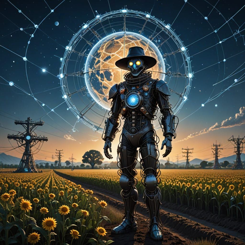 Cyberpunk Scarecrow Guards Futuristic Harvest
