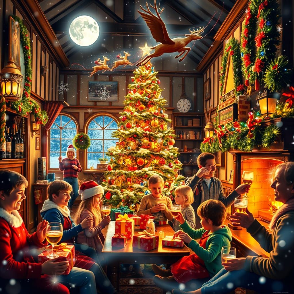 Joyful Christmas Scene in a Traditional English Pub