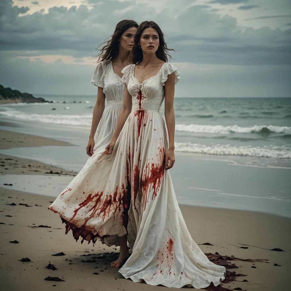 Bloodstained Dress on a Beach, Cinematic Film Still