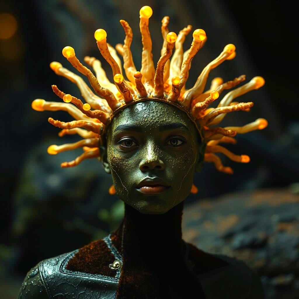 Regal Figure with Glowing Cordyceps Crown