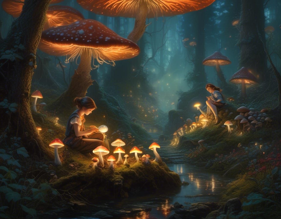 Glowing Mushroom Forest with Pixie in Fantasy Style